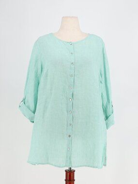 NWT TAHARI 100% Linen Roll Tab Sleeve Button Front Tunic Aqua Green Size 1X